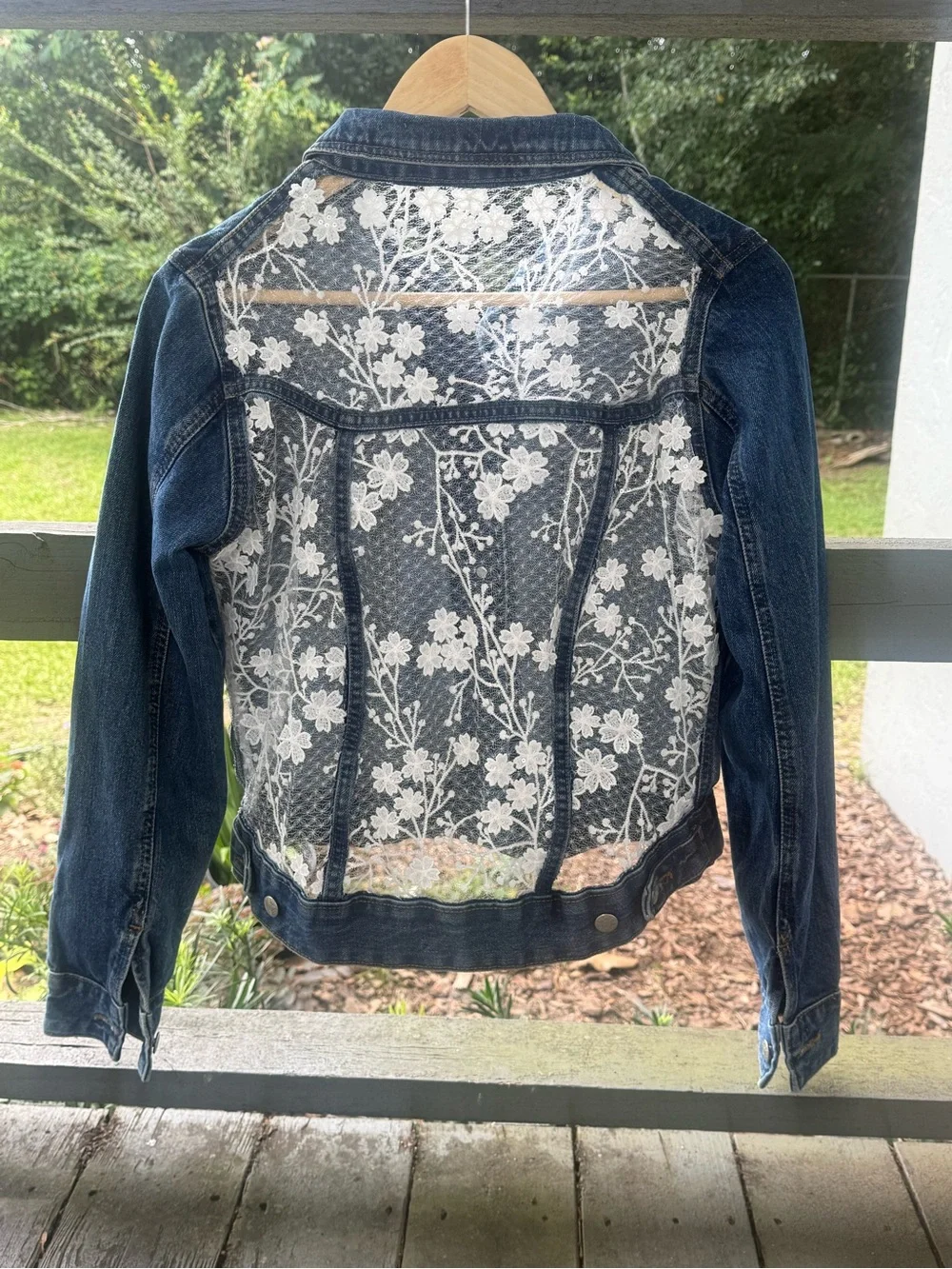 Upcycled one of a kind Women’s Dark Blue Denim Jacket with White Lace Back